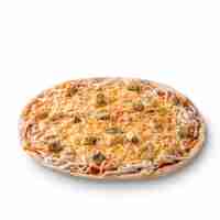 Free photo overhead view isolated on white of a whole freshly baked delicious four cheeses italian pizza on white background. still life. copy space