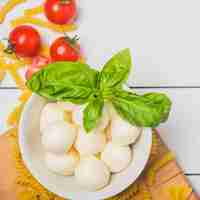 Foto gratuita una vista dall'alto di mozzarella italiana con foglia di basilico; pomodori e fusilli