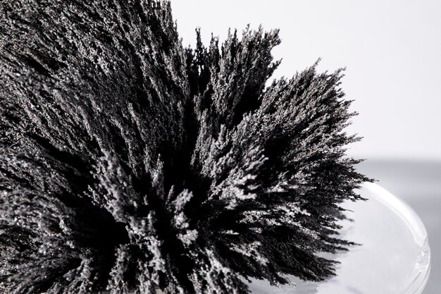 An overhead view of magnetic metal shaving on glass