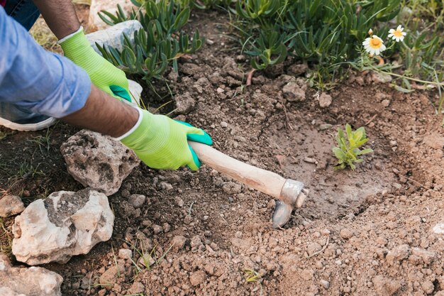 An overhead view of man's hand digging the soil with hoe