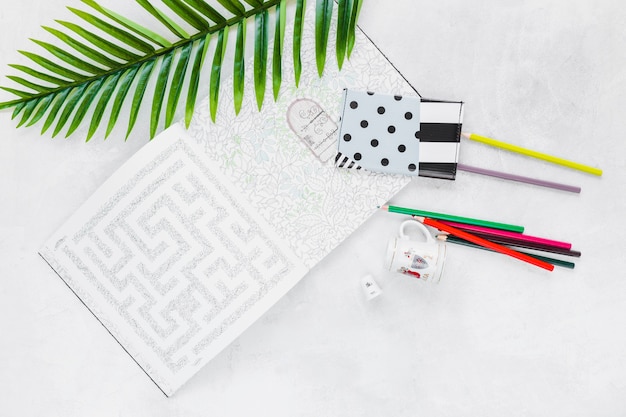 Free photo overhead view of maze with wallet, leaf, colored pencil and cup