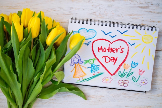 Overhead view. mother day card with flowers on wooden background