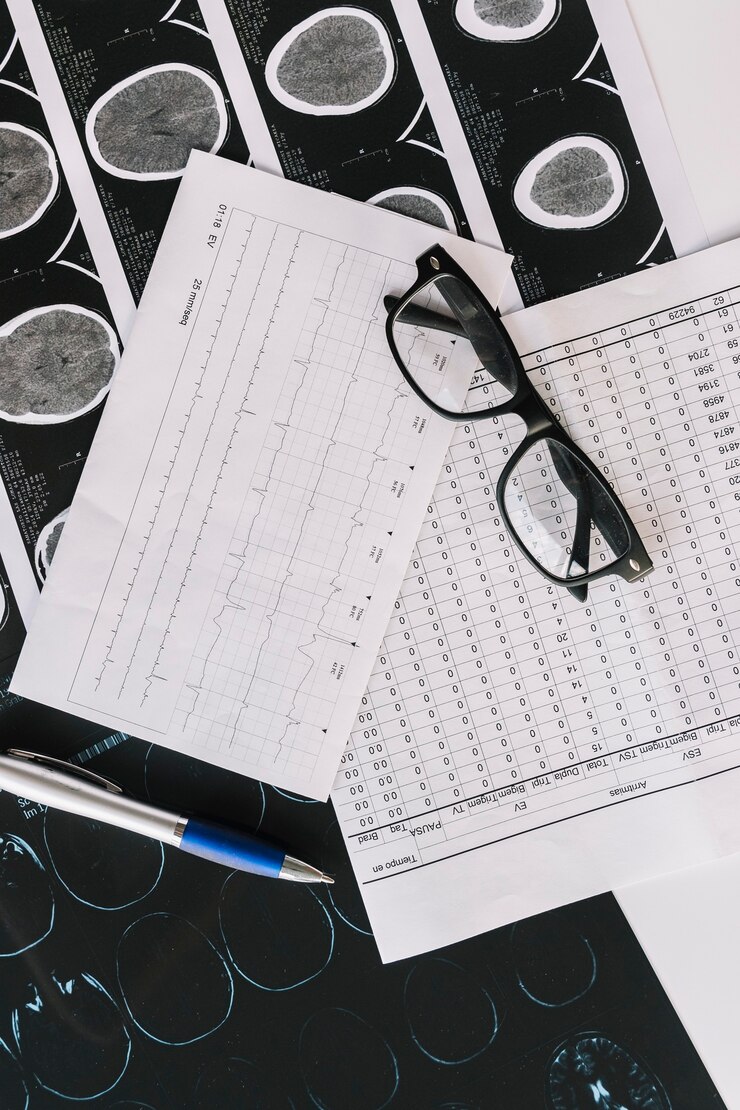 Free Photo an overhead view of mri scan with reports; pen and black spectacles