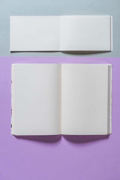 Overhead view of open book and blank pages