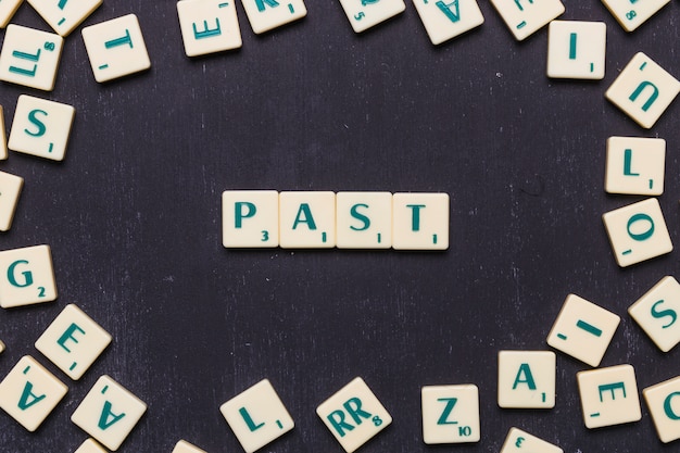 Overhead view of past text on scrabble letters over black backdrop