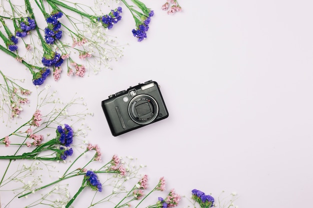 An overhead view of purple and pink limonium; gypsophila flowers with camera on white background