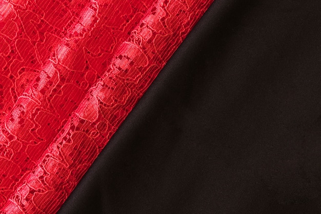 Overhead view of red lace and black fabric