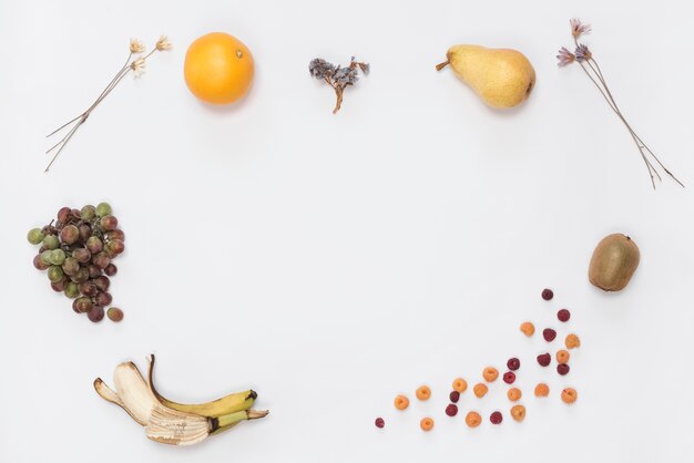 An overhead view of ripe fruits isolated on white background