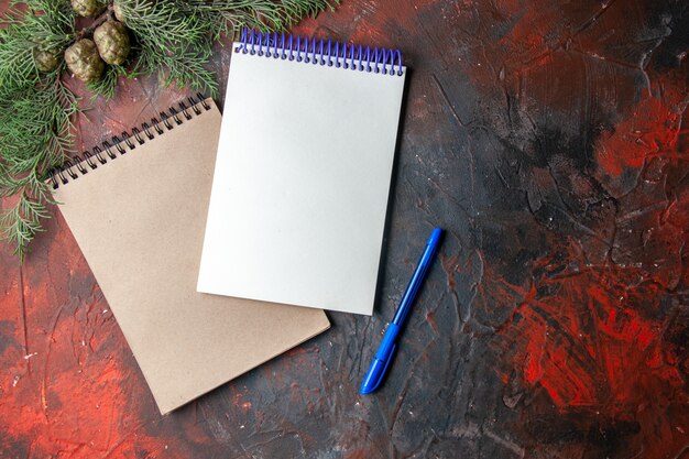 Overhead view of spiral notebooks and pen fir branche on dark background