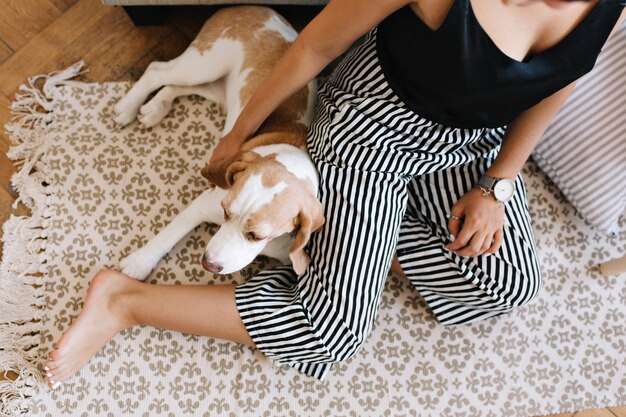 Overhead view of tanned girl in striped pants sitting on carpet with beagle dog sleeping beside