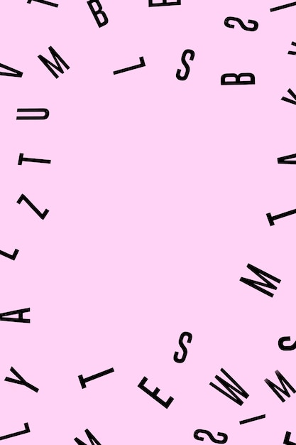 Overhead view of various black alphabets on pink background