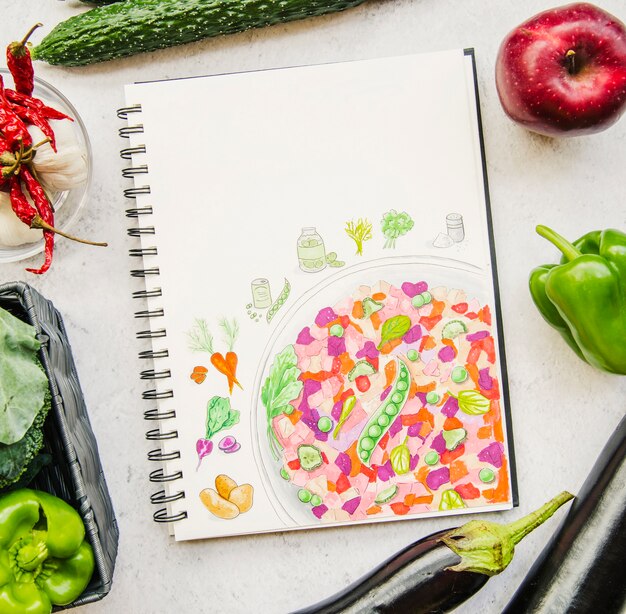 An Overhead view of a vegetable and recipe book