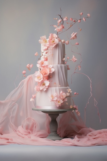 천과 꽃으로 가득 찬 케이크