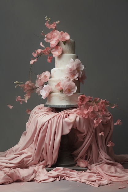 織物と花で満たされたケーキ