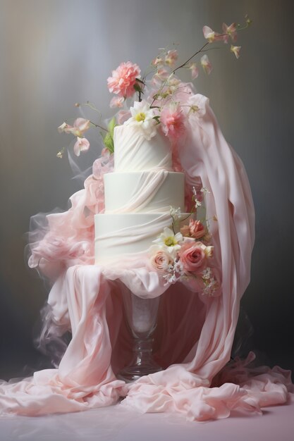 Перегруженный торт с тканью и цветами
