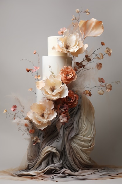 Free photo overloaded cake with cloth and flowers