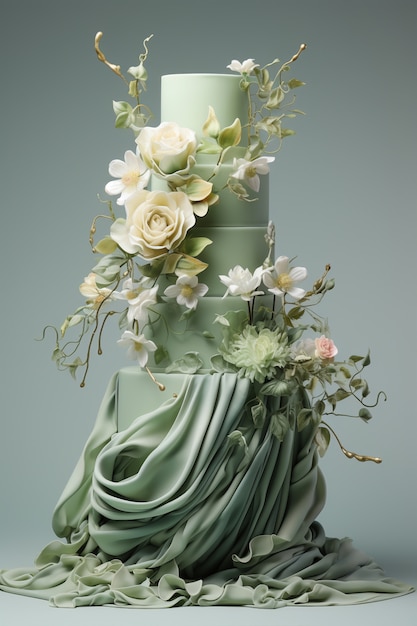 Foto gratuita torta sovraccarica di stoffa e fiori