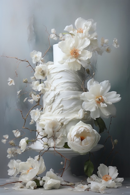 Foto gratuita torta sovraccarica di stoffa e fiori