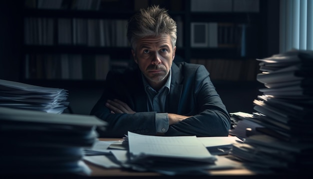 Free photo overworked businessman sitting at desk emotional stress generated by ai