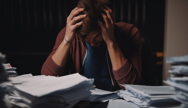 Overworked businessman sitting at desk feeling despair generated by AI