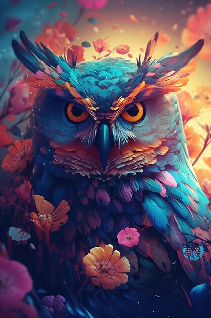Owl bird in colorful flowers Generative Ai