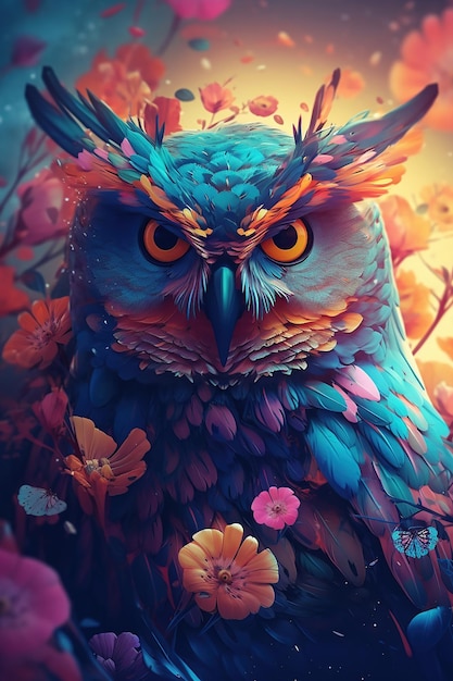 Owl bird in colorful flowers Generative Ai