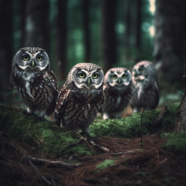 Бесплатное фото Группа сов в лесу иллюстрации