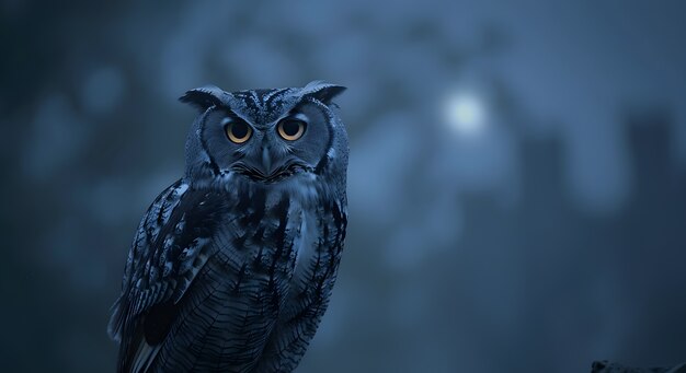 Owl outdoors in cold nature with dreamy aesthetic