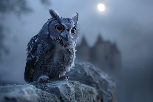 Owl outdoors in cold nature with dreamy aesthetic