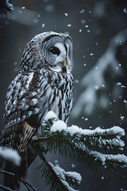 Owl outdoors in cold nature with dreamy aesthetic