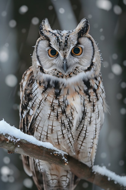 Foto gratuita il gufo all'aperto nella natura fredda con un'estetica da sogno