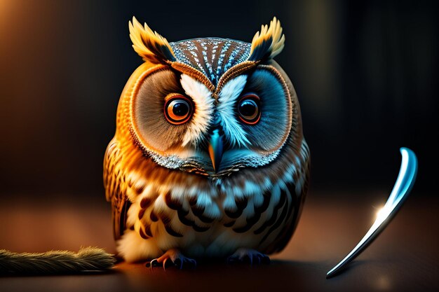 An owl with a knife in its mouth