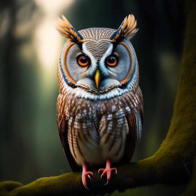 An owl with orange eyes sits on a branch.