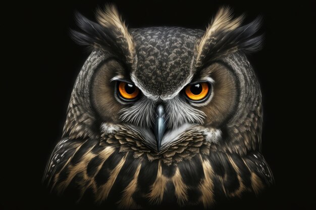 An owl with orange eyes and yellow eyes