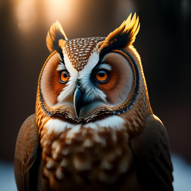 An owl with a red eye and a black background.