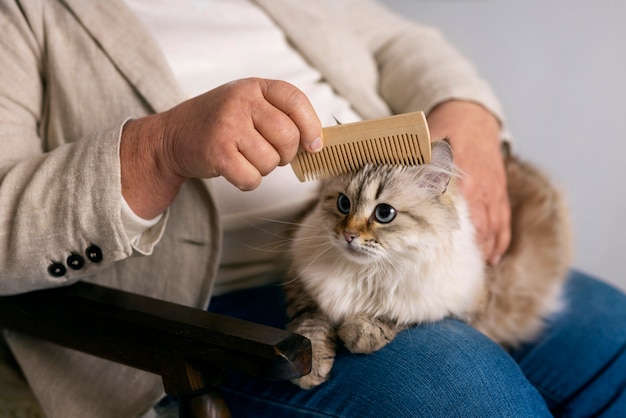 Foto gratuita proprietario che spazzola la vista laterale del simpatico gatto