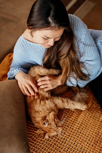 愛らしい猫をかわいがる飼い主