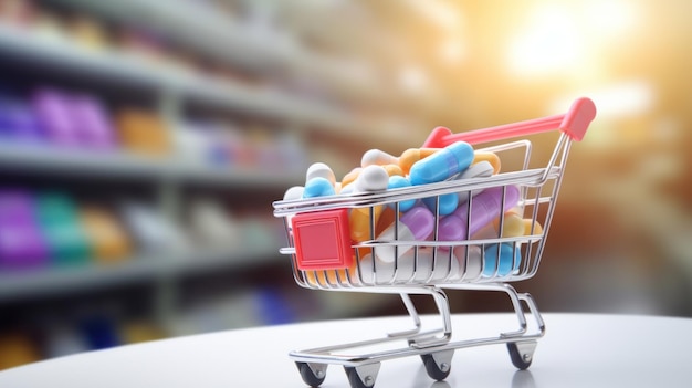 Free photo packaged pills in a basket with a defocused backdrop of pharmacy shelves