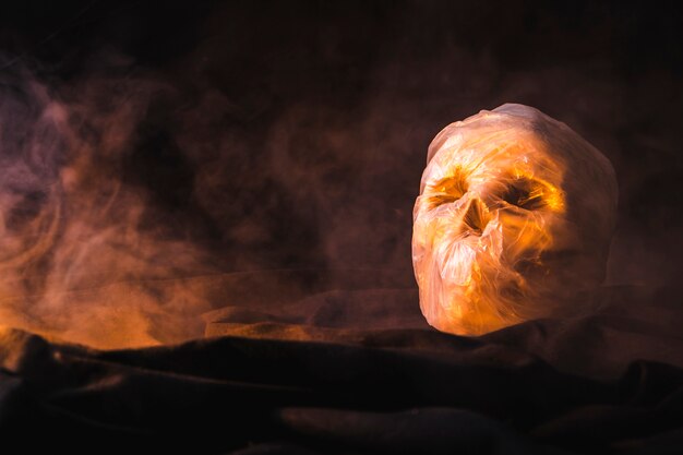 Packed in plastic bag skull illuminated by orange light