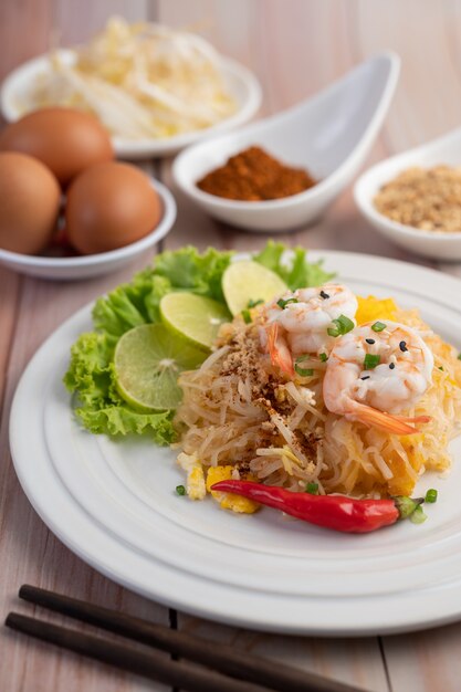 Pad Thai fresh shrimp in a white plate.