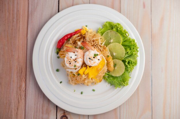 Pad Thai fresh shrimp in a white plate.