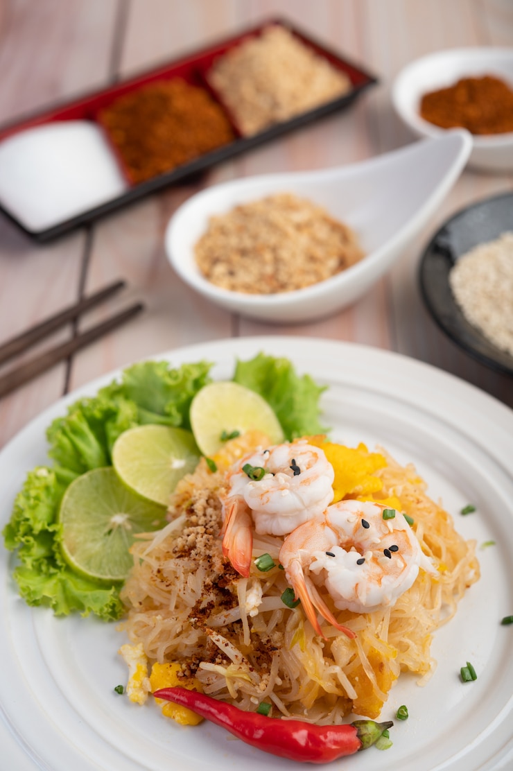 Free Photo pad thai fresh shrimp in a white plate.