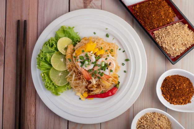 Pad Thai fresh shrimp in a white plate.