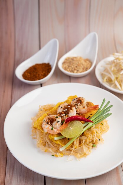 Pad Thai fresh shrimp in a white plate.