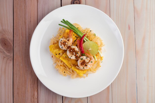 Pad Thai fresh shrimp in a white plate.