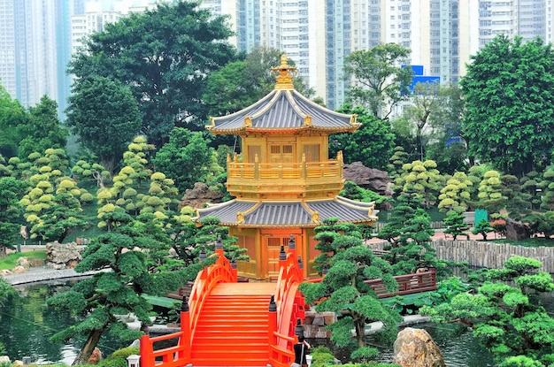 Pagoda style Chinese architecture in garden in Hong Kong.