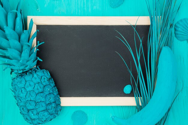 Painted azure fruits and chalkboard