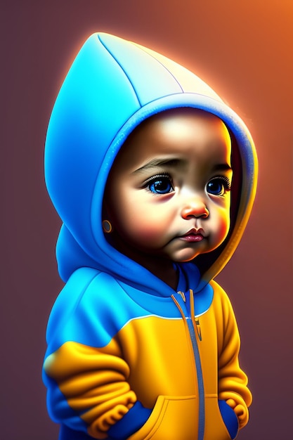 A painting of a baby wearing a blue hoodie.