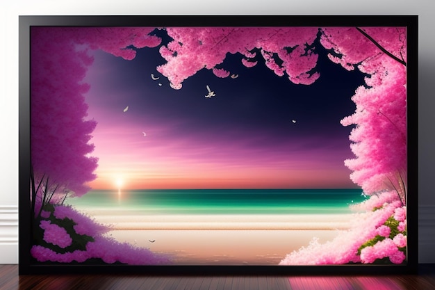 Free photo a painting of a beach with pink flowers and a pink sky.