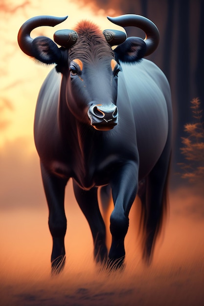 얼굴에 주황색 무늬가 있는 검은 소의 그림